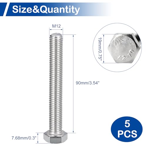 Image of MroMax 5Pcs M12-1.75 Hex Bolts, M12 x 90mm Hex Head Screws Bolts | 304 Stainless Steel 18-8, Fully Threaded, External Hex Drive, for Concrete Embedment and Heavy Column Anchoring