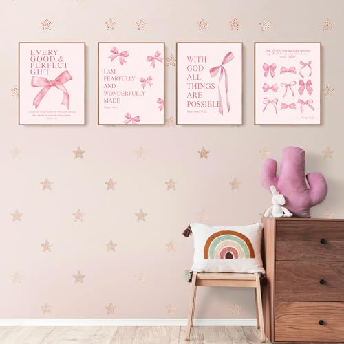 Image of LARTSFRO Coquette Pink Bow Wall Art Decor Posters, Pink Bow Christian Room Bedroom Bathroom Dorm Wall Art Decor for College Teen Girls Kids Gifts, Inspirational Bible Verses Bow Wall Decor, 10x8 Inch Set of 4 Pcs Bow Pictures (UNFRAMED)