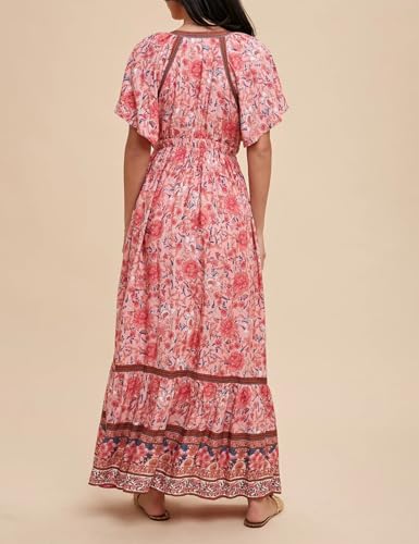 Image of R.Vivimos Women's Summer V Neck Maxi Dress Boho Floral Print Short Sleeve Elastic Waist Ruffle Patchwork A-Line Beach Dress