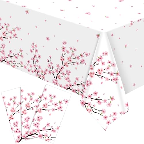 Image of Ganeen 3 Pcs Cherry Blossom Tablecloth Disposable Plastic Table Covers Cherry Waterproof Tablecloths for Baby Shower Birthday Party Decor, 54 x 108 Inch