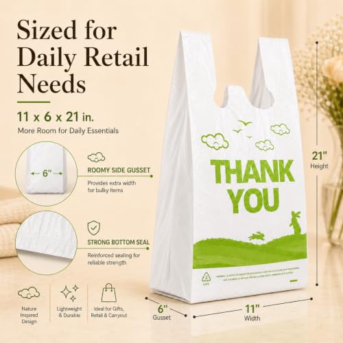 Image of YoYoRain 1000 Count White Thank You T-Shirt Bags, 11 x 6 x 21 in