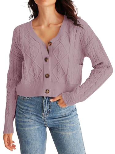 Image of MEROKEETY Women's Long Sleeve Open Front Cable Knit Crop Cardigans V Neck Button Sweaters with Pockets