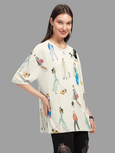 Image of HELLCAT Beige Trendy Printed Oversized T-Shirt for Women
