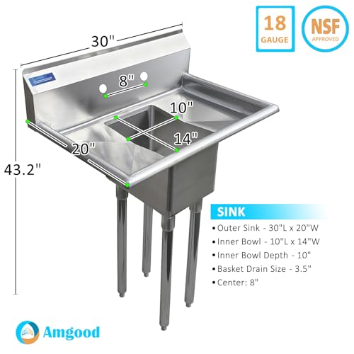 Image of AmGood Stainless Steel Prep & Utility Sink | 304 Stainless Steel | Restaurant, Kitchen, Laundry, Garage | NSF (Bowl Size: 10 inchx14 inchx10 inch + 10 inch 2 Drainboards)