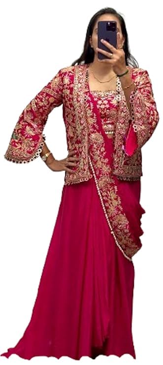 Lehenga Choli Indo-Western Draped Womens And Girls Ready To Wear Saree & Koti Set For Women Chinon Silk Fabric On Embrodery Sequance Cording Work Bollywood Wedding Colour New Letest-image-1