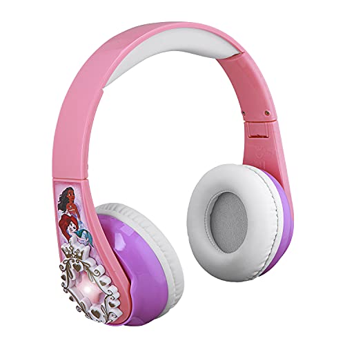 eKids Disney Princess Bluetooth Headphones with EZ Link, Wireless Headphones with Microphone and Aux Cord, Kids Earphones for School, Home, or Travel
