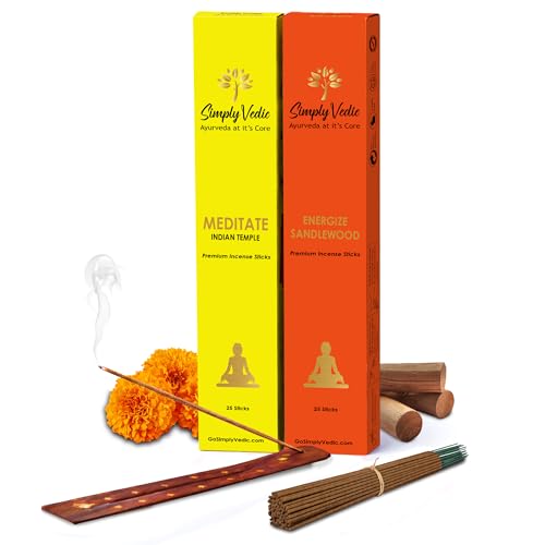 Image of Simply Vedic Luxe Incense Sticks Sandalwood & Indian Temple Combo (50 Sticks) Hand Rolled Masala Agarbatti with Holder Natural Long Lasting Fragrance for Puja Meditation Yoga Home Fragrance Low Smoke