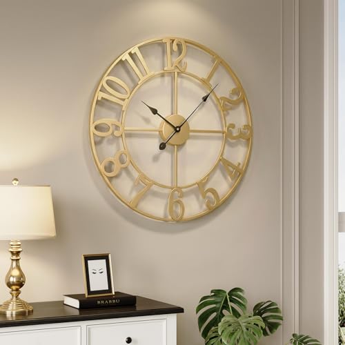 Large Wall Clock Gold Clocks for Living Room 24 Inch Decorative Wall Clocks Battery-Operated Modern Metal Round Clock Silent Non Ticking for Kitchen Mantel Bedroom Office Decor Arabic Numerals