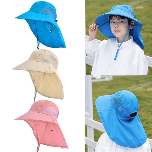 3 Pieces Kids Sun Hats with Neck Flap UV Protection Fishing Hat Unisex Children Wide Brim Beach Hat for Age 2-142
