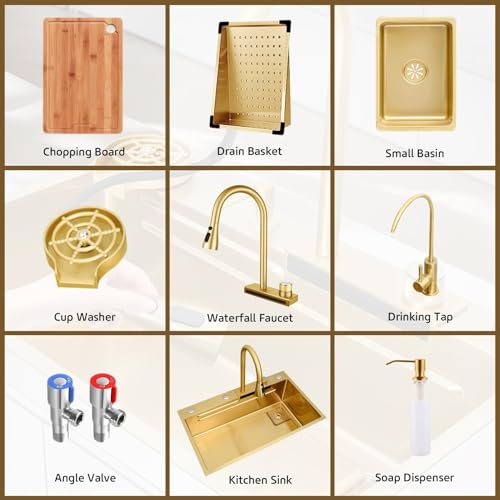 AIVANOTO Gold Waterfall Kitchen Sink With Pull-Out Faucet, Small Basin, Cup Washer & Drain Kits, Stainless Steel Workstation Kitchen Bar Sink, Nano Coated Farmhouse Sink For Drop In(Gold,75x50x21cm) - Image 6