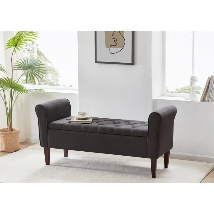 Image of Upholstered Flip Top Storage Armrest Bench Ottoman Pouffe Puffy Settee 2 Seater Sofa Footstool for Livingroom Bedroom Office Hotel Guestroom (Grey) - Sal Wood