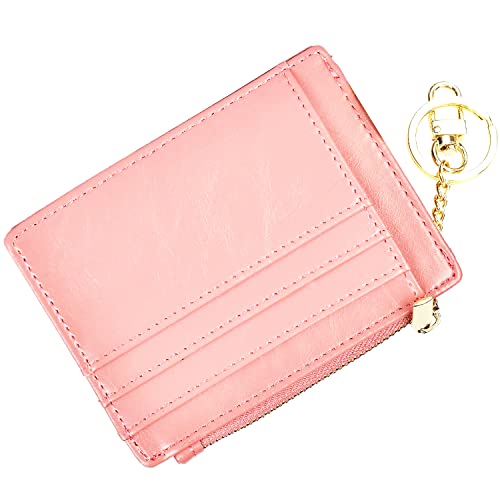 Image of woogwin Slim RFID Credit Card Holder for Women Mini Front Pocket Wallet Purse With Keychain, Oil Pink, small, Compact