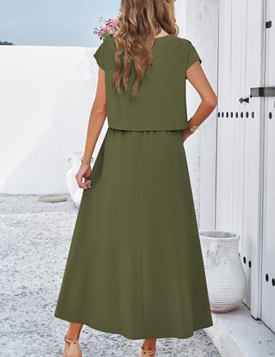 Image of Mingzhu Womens 2 Piece Outfits Skirt Set Summer Casual Cap Sleeve Crop Tops Maxi Dress Sets with Pockets