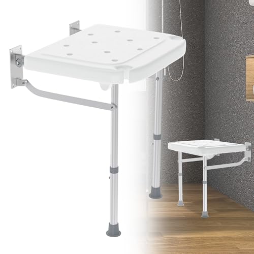 HENGMEI Asiento de ducha plegable para montaje en pared, altura ajustable, 42-52 cm, taburete de ducha con patas antideslizantes, aleación de aluminio, asiento plegable