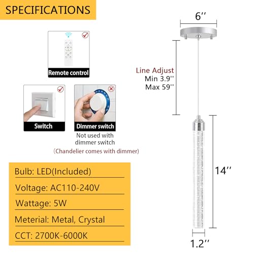 Image of 1-Light Modern Crystal Pendant Lighting LED Dimmable Pendant Light Kitchen Island Dining Room