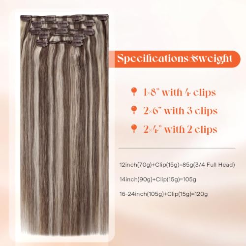Image of Sunny Hair Clip in Hair Extensions Real Human Hair Highlight Brown Blonde | Remy Human Hair Extensions Clip ins with Secure Clips, Beginner Friendly, Lightweight Comfort for Fine Hair 12inch 85g