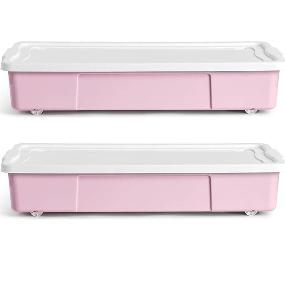 ALEEZ - 47L Underbed Storage Boxes with Wheels - Rectangular Plastic Rolling Storage Container for Clothes, Shoes, Bedding & Toys - Space Saving Durable Organiser for Bedroom & Home Use (Pink, 2x)