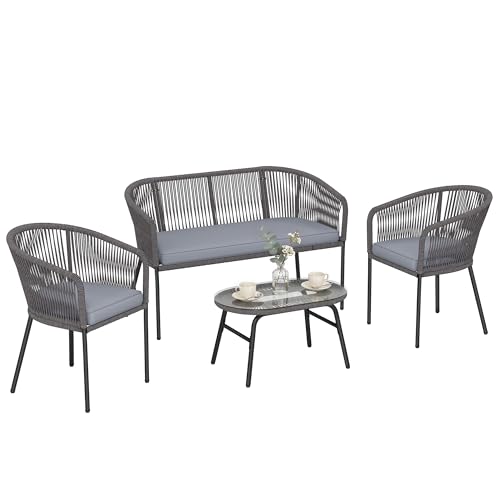 Image of Outsunny 4 Piece Garden Furniture Set, Rope Woven Garden Sofa Set with 1 Loveseat, 2 Armchairs, Tempered Glass Coffee Table, Outdoor Conversation Furniture with Cushions for Patio, Dark Grey