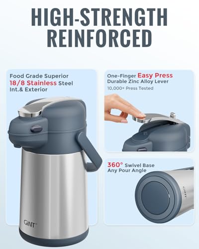 Image of GiNT 74oz Airpot Coffee Dispenser with Pump, Insulated Coffee Carafe for Hot Liquids, Stainless Steel Vacuum Insulated Pump Dispenser for Home Office Small Commercial Outdoor Use(2.2L)