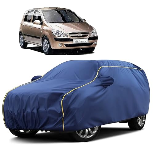 Image of Sulfar 100% Water Resistant Car Body Cover Compatible with Mirror for Hyundai Getz (Triple Stitched, Full Bottom Elastic, Blue Taffeta with Yellow Piping)