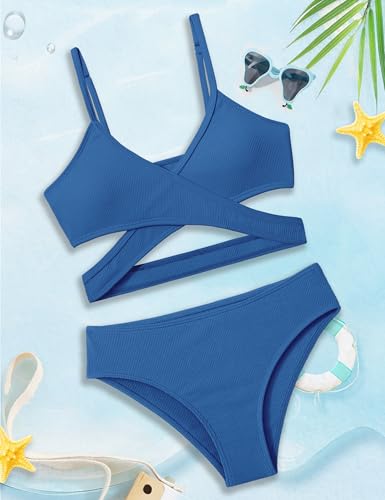 Image of Girls Swimsuit Bikini Set,Criss Cross Bathing Suits for Girl Two Piece Solid Color Girls' Swimwear for 7-16 Years