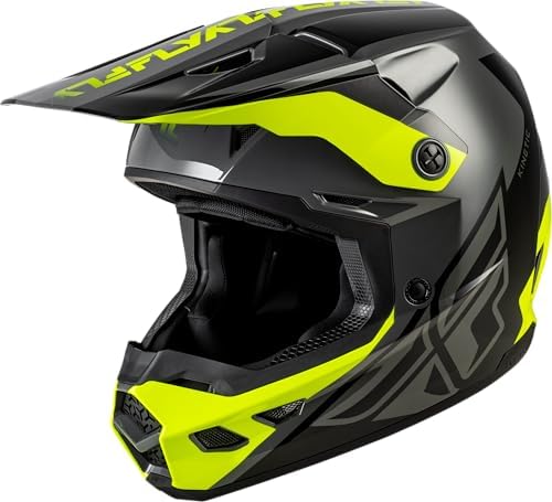 FLY Racing Kinetic Crest MX Helmet – ECE/DOT Approved, Lightweight Polycarbonate Shell, Advanced Protective Motocross Gear - (Grey/Black/Hi-Vis Yellow, Large)