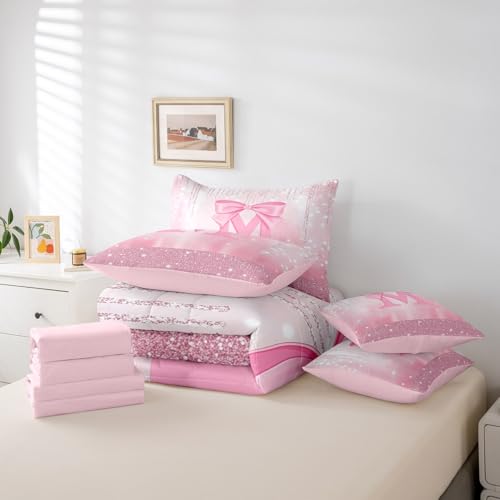 Image of Feelyou Boys Girls Pink Bowknot Bed in A Bag Queen Size, Personalized Initial M 7 Pieces Bedding Set Princess Glitter Comforter Set with Sheets Kids Bow Alphabet Teens Bed Set Bedroom Decor 7Pcs