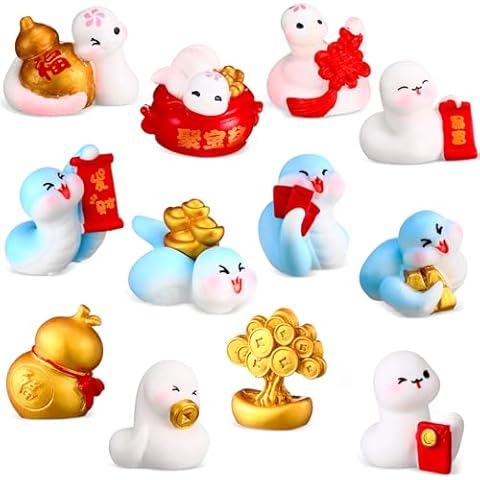 VioraWhite 12 Pcs 2025 Chinese New Year Decorations Resin Lucky Snake Miniature Year of The Snake Figures Lunar New Year Decoration Snake Ornament for Cake Topper Dollhouse Car Office Table Desk Cover