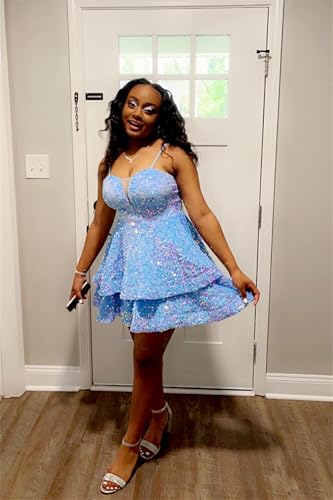 Short Homecoming Dresses for Teens - Tiered Modest Sequin Sparkly HOCO Dresses 20242