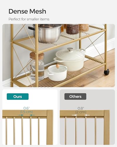 Image of SONGMICS 3-Tier Metal Storage Rack with Wheels, Mesh Shelving Unit with X Side Frames, 31.5-Inch Width, for Entryway, Kitchen, Living Room, Bathroom, Industrial Style, Metallic Gold UBSC183A01