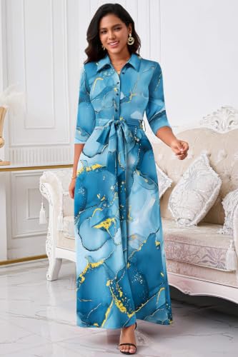Image of Runwind Women Church Maxi Dresses 3 /4 Sleeve Button Down Print Casual Office Dress African