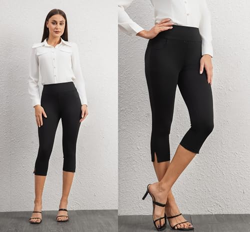 heipeiwa Women's Capri Pants Dressy High Waist Pull on Pants Comfort Stretch Slit Slim Business Casual Trouser3