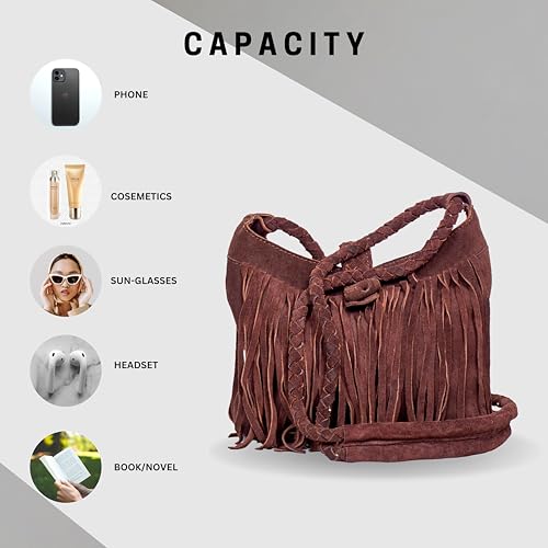 Image of Fringe Crossbody Purse for Women, Genuine Leather, Women Crossbody Boho Purse Tassel, Vintage Hobo Handbag