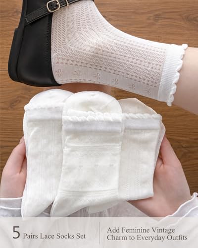 Ginmewrae Womens Ruffle Lace Socks, Mesh Crew Socks 5 Pairs Cute Breathable Casual Frilly Ultra Thin Ankle Socks for Summer - image 2