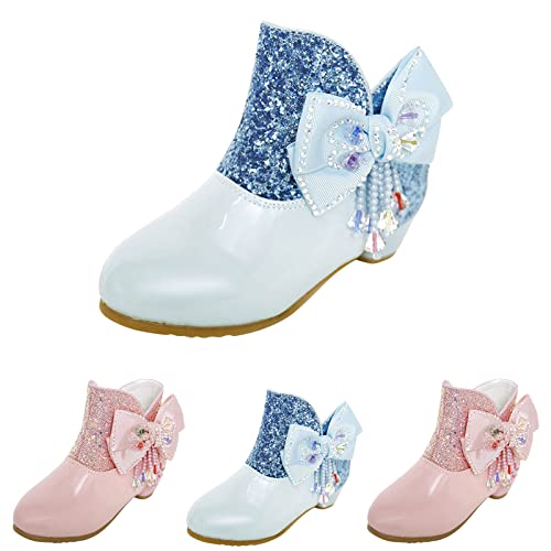 Girls Princess Dress Boots Glitter Sequin Rhinestones Bowknot Zipper Non-Slip Boots Low Heel Birthday Party Shoes