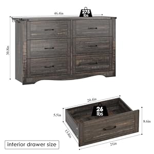 Loomie Farmhouse 6 Drawers Double Dresser for Bedroom Modern White Dresser Chest of Drawers Wide Dressers Organizer Accent Storage Cabinet for Closet Living Room Hallway Dark Rustic Oak