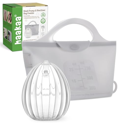 haakaa Wearable Silicone Breast Pump with Steriliser Bag, 2-in-1 Hands-Free Passive Breast Milk Catcher for Nursing Mom, Breastfeeding Essentials, 75ml Shell Pump & 750ml Steriliser Bag - Grey