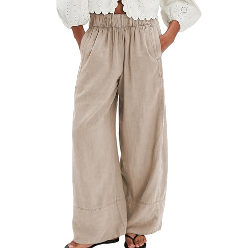 Linen Pants for Women Cotton Baggy Boho Casual Palazzo Pants Wide Leg Long Lounge Trousers with Pockets
