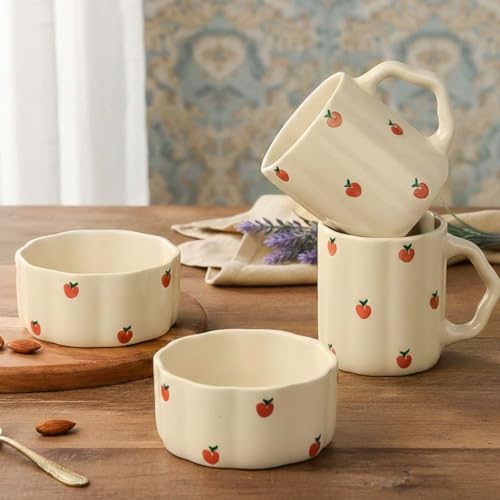 Image of The Earth Store Cream Apple 250ML Ceramic Bowl Set of 2 & 300ML Coffee Mug Set of 2 | Microwave & Dishwasher Safe Mug and Bowl Combo Set for Serving Tea Snack | Perfect for Gifting & Daily Use