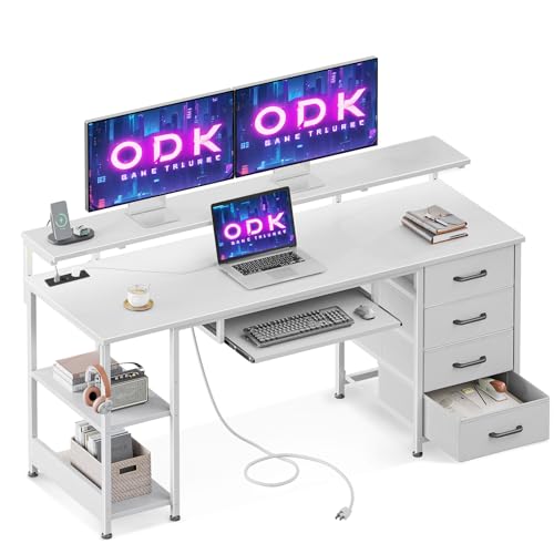 ODK Escritorio con 4 Cajones, 160x52cm Escritorio de Ordenador con Toma de Corriente y Carga USB, Escritorio Gaming Mesa de Escritorio con Estantes Ajustables para el Hogar, Blanco