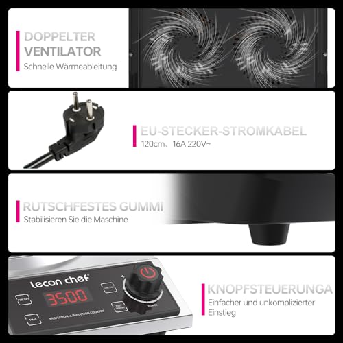 Lecon Chef Induktionskochplatte mit Wok, 3500W Einzelinduktionskochfeld, Kochplatten, 60 KG Tragkraft, Timer und Voreinstellung, 11 Temperatur- und Leistungsstufeneinstellungen