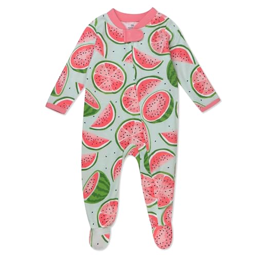 Image of HonestBaby Sleep and Play Footed Pajamas One-piece Sleeper Jumpsuit Zip-front Pjs Organic Cotton for Baby Girls, Unisex, Watermelon Oasis, 6-9 Months