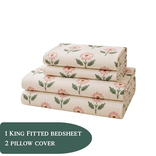 Image of THEA King Elastic Fitted Double Bedsheet Set| 100% Cotton Like Soft Fabric | Microfiber King Elastic Double Bedsheet for King Size Bed (72 X 78 x 10 inches) with 2 Pillow covers,Rosette Meadow