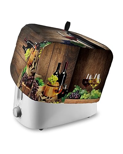 Toaster Dust Cover with Pockets, Red Wine Glass Wooden Barrel Grape Soft Washable 4 Slice Toaster Cover, Dust-proof and Fingerprint Protection