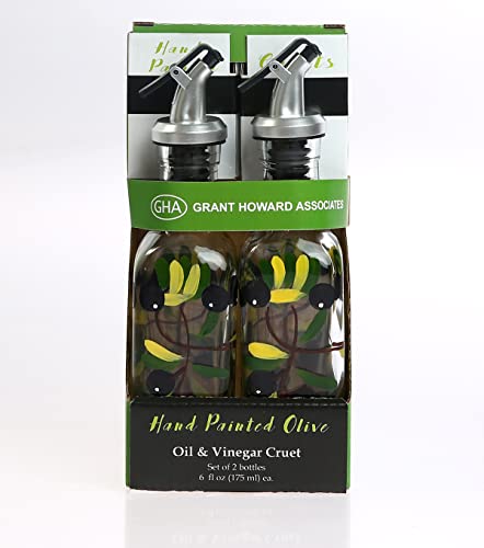Grant Howard Hand Painted Mini Oil and Vinegar Glass Cruet with Pourer, 2 Set, Olives, 6 oz