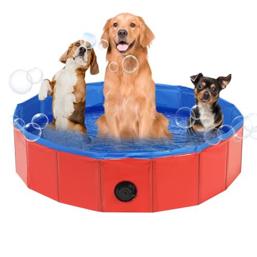 DASBET Piscina plegable para perros, piscina plegable para perros, piscina portátil roja para perros, cachorros, gatos, bañera para mascotas para interiores y exteriores (100 cm de diámetro x 30 cm de