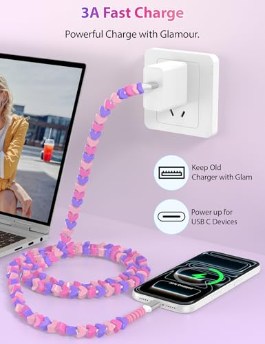 Jiunai Beaded USB to USB C Cable 6ft Cute Heart Shape Beaded Phone Charger for Carplay 27W Charging Type C Cable Teen Girls Women Gifts Pretty USB C Cable for iPhone 17 16 15 Galaxy S26 S25 for iPad - Image 3