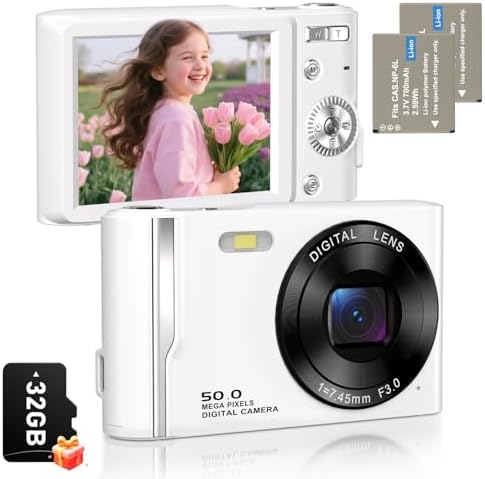 Digital Camera, Autofocus 4K Vlogging Camera for Photography with Anti-Shake, 50MP Compact Point and Shoot Digital Camera for Kids with 16X Zoom, 2 Batteries, 32GB Card (White) Digital Camera, Autofocus 4K Vlogging Camera for Photography with Anti-Shake, 50MP Compact Point and Shoot Digital Camera for Kids with 16X Zoom, 2 Batteries, 32GB Card (White)
