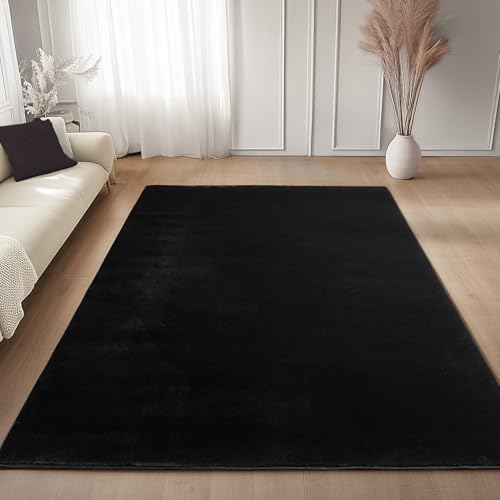 Carpettex Teppich Schwarz 240x340 cm- Kurzflor Teppich Waschbar, weich & rutschfest, modern einfarbiges Design für Wohnzimmer, Küche Schlafzimmer, & Kinderzimmer