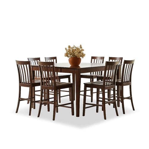 CARTESIAN 9-Piece Counter Height Dining Set, Walnut, Solid Wood Construction, Square Table with Extension Leaf, 8 Slat Back Stools, 54x54 Inch